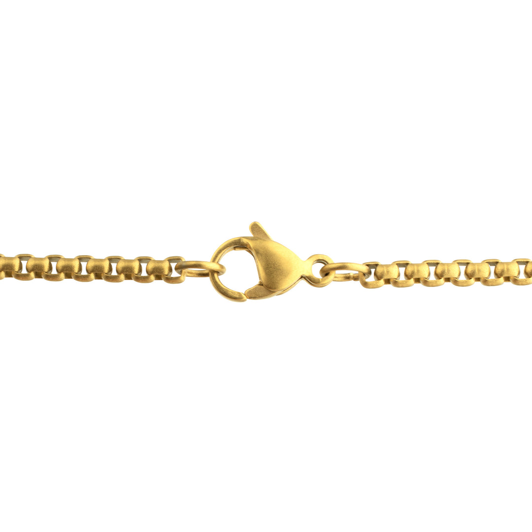 Matte 18Kt Gold IP Steel Peace Symbol Pendant with CNC Set Black Sapphire Crown Link Bail & Box Chain