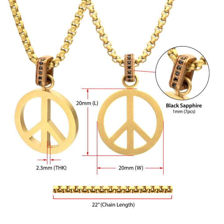 Matte 18Kt Gold IP Steel Peace Symbol Pendant with CNC Set Black Sapphire Crown Link Bail & Box Chain