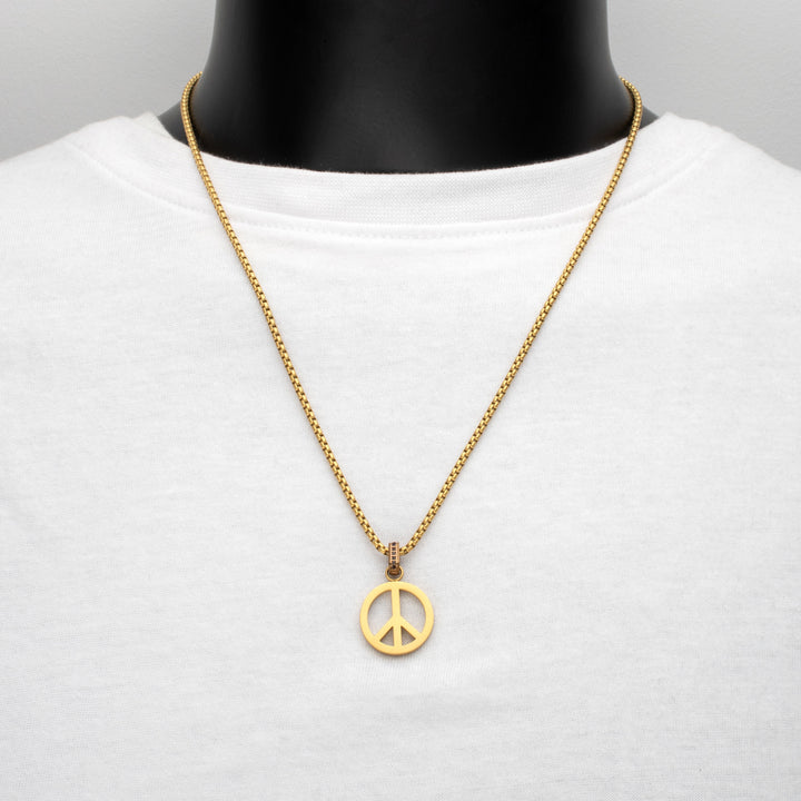 Matte 18Kt Gold IP Steel Peace Symbol Pendant with CNC Set Black Sapphire Crown Link Bail & Box Chain