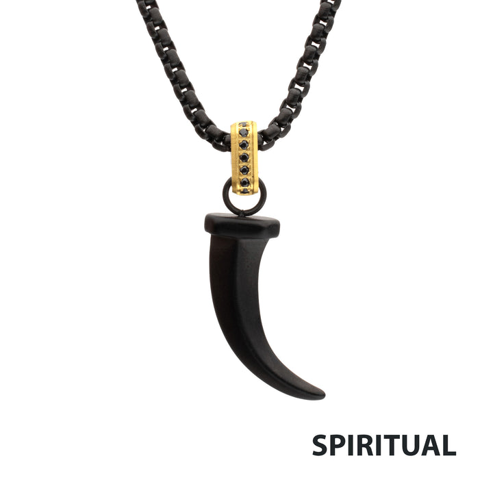 Matte Black IP Steel Horn Pendant with CNC Set Black Sapphire Crown Link Bail & Black IP Steel Box Chain