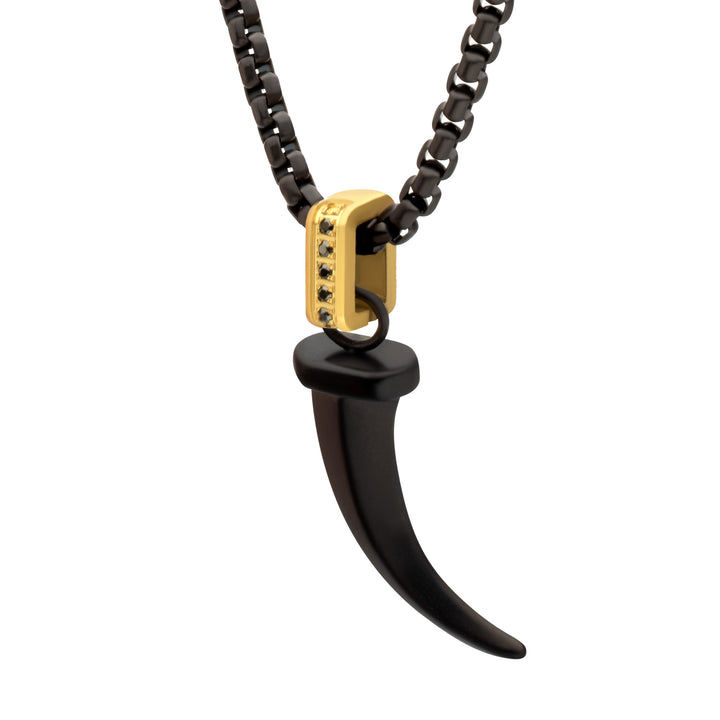 Matte Black IP Steel Horn Pendant with CNC Set Black Sapphire Crown Link Bail & Black IP Steel Box Chain