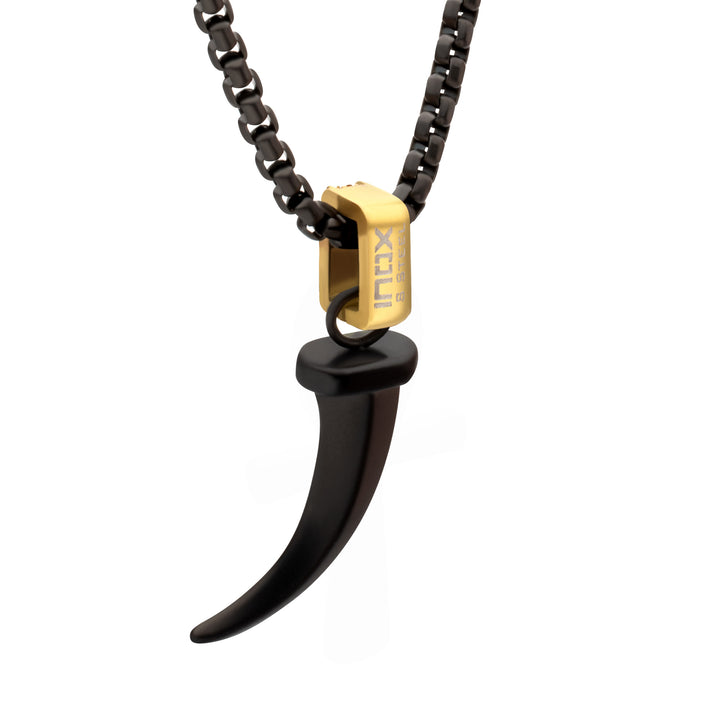 Matte Black IP Steel Horn Pendant with CNC Set Black Sapphire Crown Link Bail & Black IP Steel Box Chain