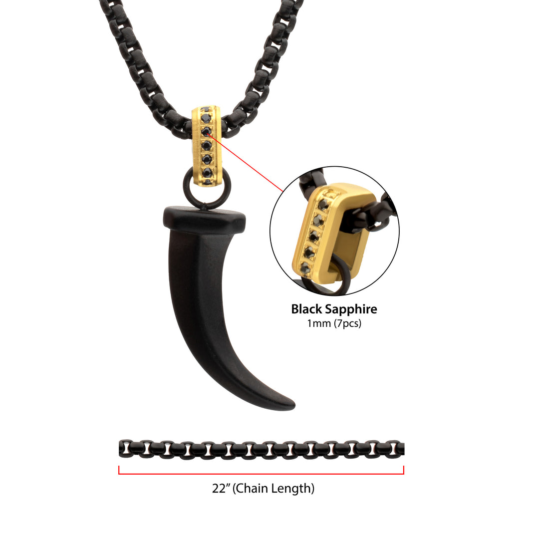 Matte Black IP Steel Horn Pendant with CNC Set Black Sapphire Crown Link Bail & Black IP Steel Box Chain