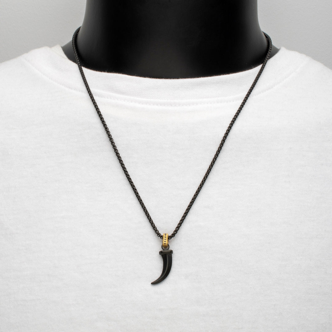 Matte Black IP Steel Horn Pendant with CNC Set Black Sapphire Crown Link Bail & Black IP Steel Box Chain
