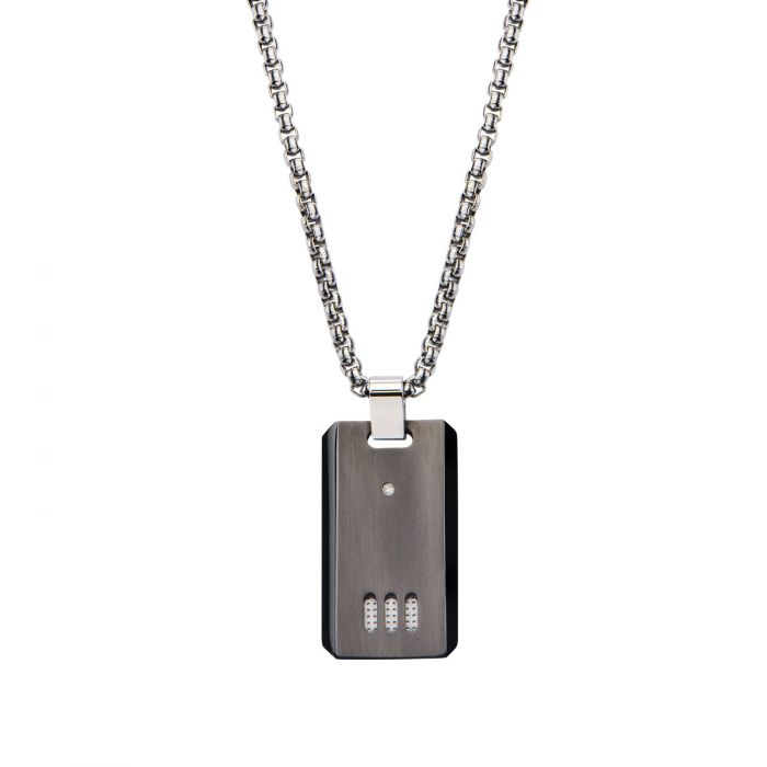 Black IP Gun Metal Finish with CZ Dog Tag Pendant with Chain