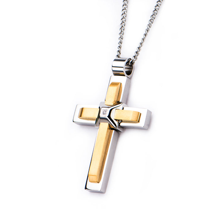 Stainless Steel and Gold IP Two Layer Cross with 3.6m Diamond Cut Pendant