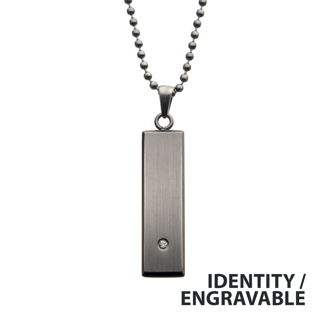 Stainless Steel with 2mm Clear CZ Tag Pendant with Ball Chain