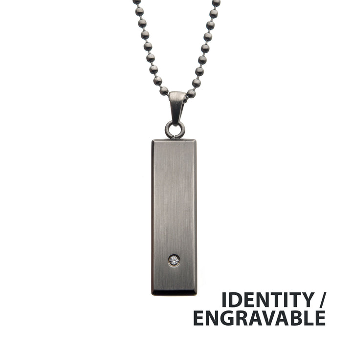Stainless Steel with 2mm Clear CZ Tag Pendant with Ball Chain