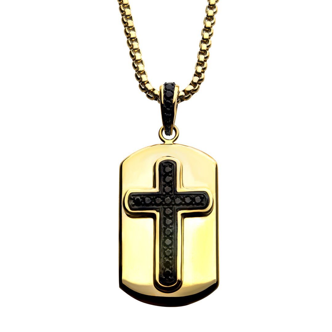 Black IP Cross with Black CZ Inlay & Gold IP Dog Tag Pendant
