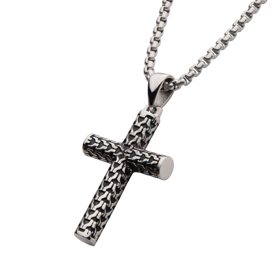 Steel Scale Cross Drop Pendant with Bold Box Chain