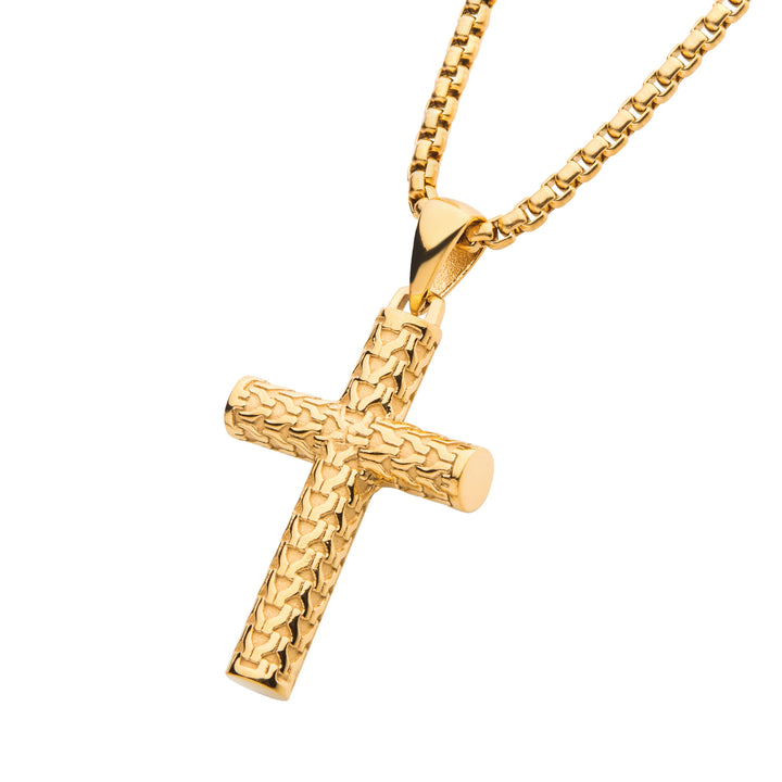 Polished 18Kt Gold IP Scale Cross Drop Pendant with Bold Box Chain