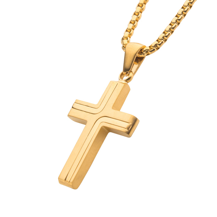 18Kt Gold IP Cross Drop Pendant with Round Box Chain