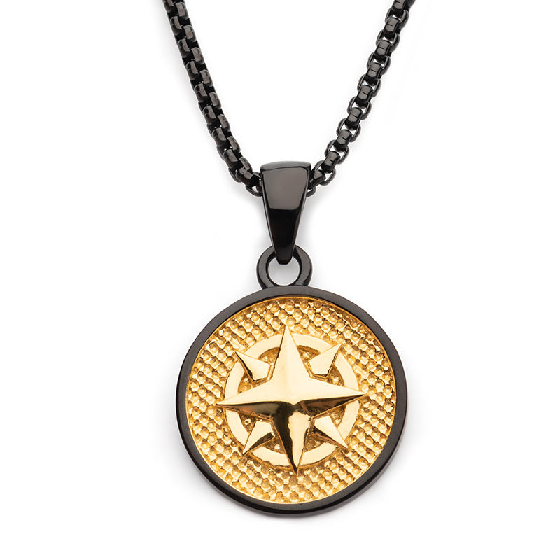 18Kt Gold IP Wayfinder Engravable Compass Medallion Pendant with Black IP Box Chains for Grads
