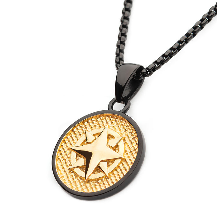 18Kt Gold IP Wayfinder Engravable Compass Medallion Pendant with Black IP Box Chains for Grads