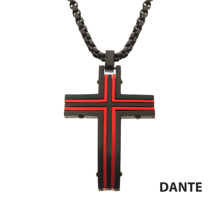 Black & Red IP Dante Cross Pendant with Chain