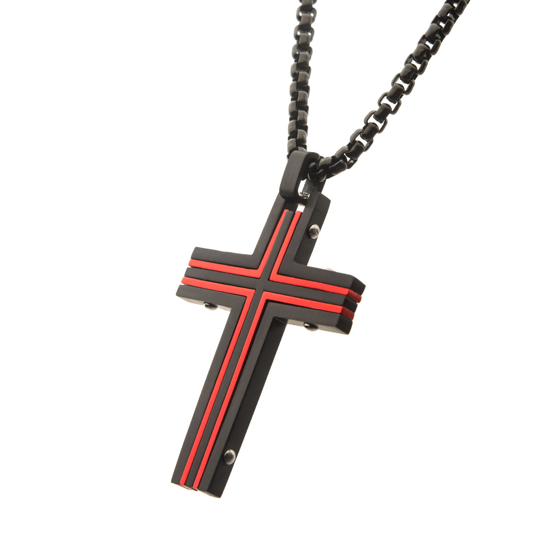 Black & Red IP Dante Cross Pendant with Chain