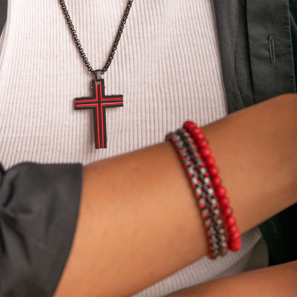 Black & Red IP Dante Cross Pendant with Chain