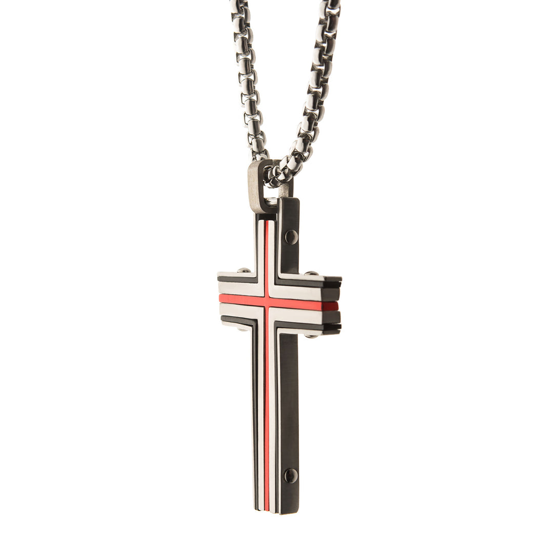 Steel & Red IP Dante Cross Pendant with Chain
