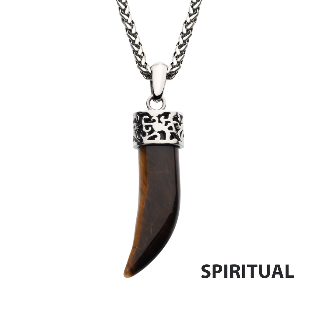 Stainless Steel with Tiger Eye Stone Horn Pendant, with Steel Wheat Chain