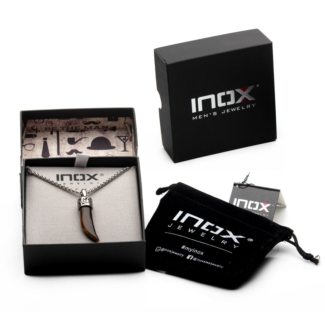 Stainless Steel with Tiger Eye Stone Horn Pendant, with Steel Wheat Chain