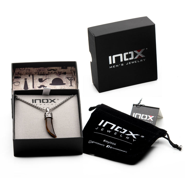 Stainless Steel with Tiger Eye Stone Horn Pendant, with Steel Wheat Chain