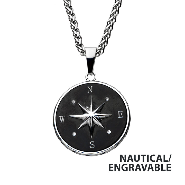 Stainless Steel & Black IP Engravable Compass Pendant with Chains for Grads