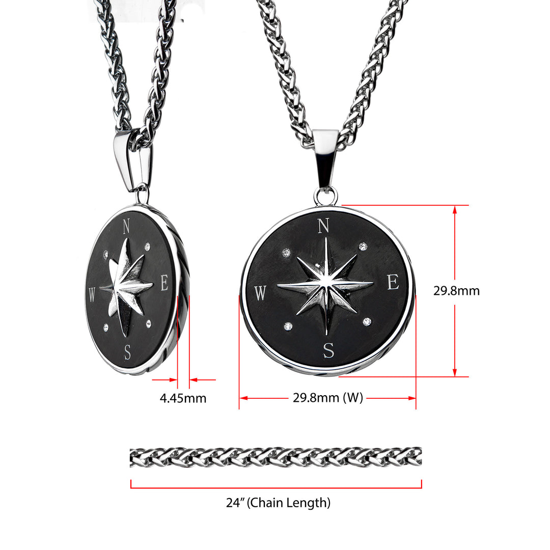 Stainless Steel & Black IP Engravable Compass Pendant with Chains for Grads