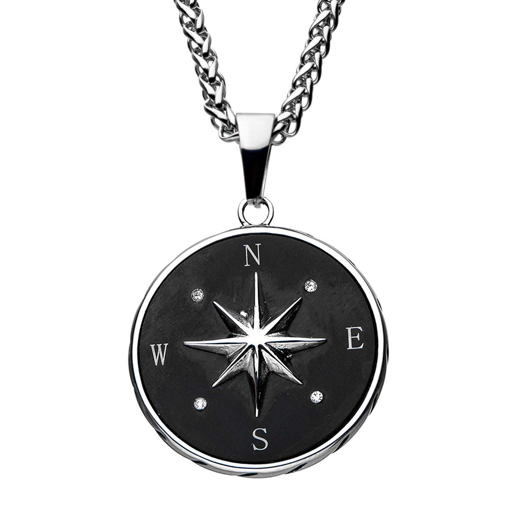 Stainless Steel & Black IP Engravable Compass Pendant with Chains for Grads