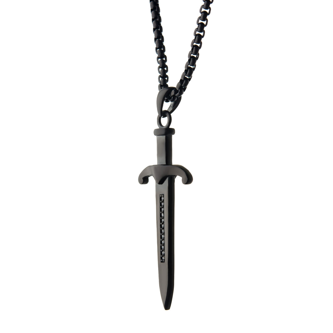 Steel Black IP Sword Pendant with Black Bold Box Chain