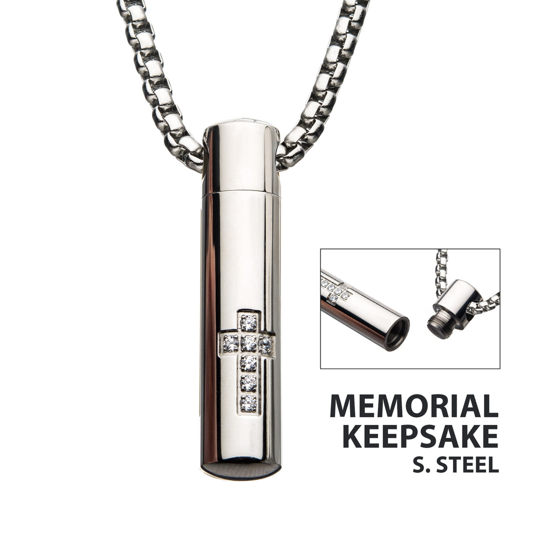Stainless Steel Memorial Cross Pendant with Clear CZ & Steel Box Chain