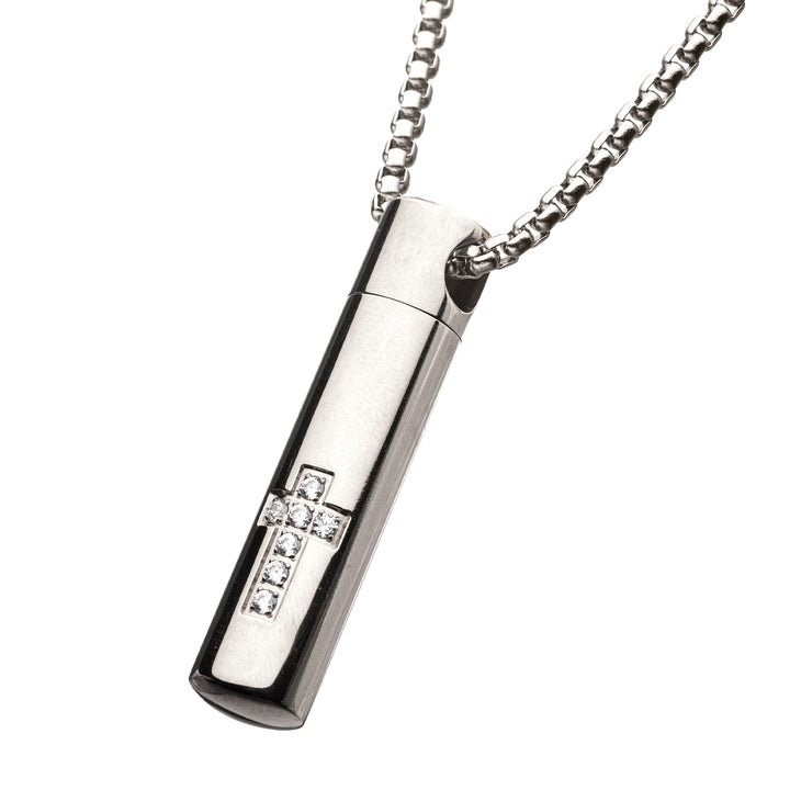 Stainless Steel Memorial Cross Pendant with Clear CZ & Steel Box Chain