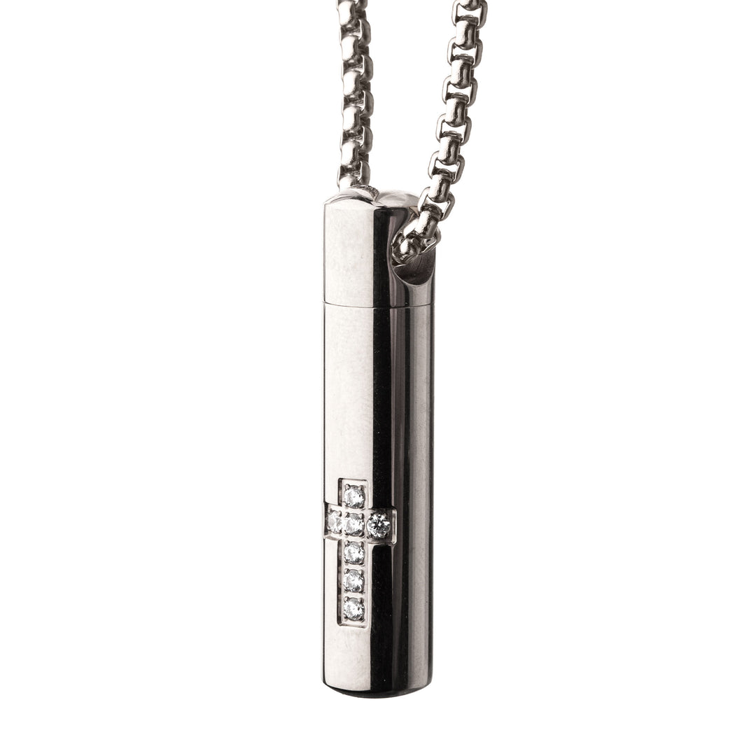 Stainless Steel Memorial Cross Pendant with Clear CZ & Steel Box Chain