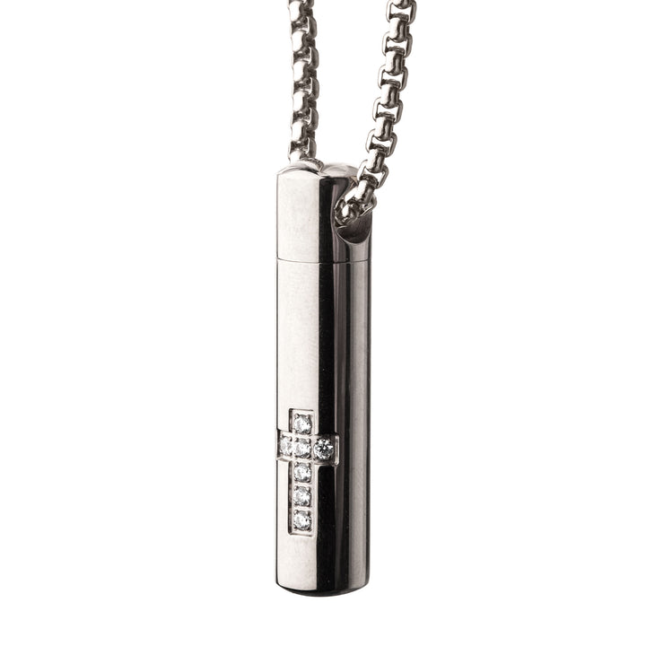 Stainless Steel Memorial Cross Pendant with Clear CZ & Steel Box Chain