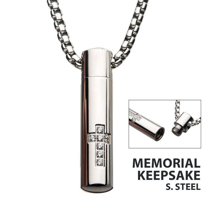 Stainless Steel Memorial Cross Pendant with Clear CZ & Steel Box Chain