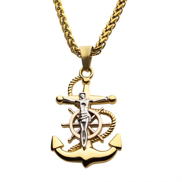 Gold IP Anchor with Silver IP Jesus Steel Pendant, with Gold IP Wheat Chain