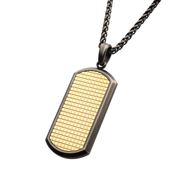 Gun Metal IP with Gold IP Grid Inlay Dog Tag Pendant, with Black IP Wheat Chain
