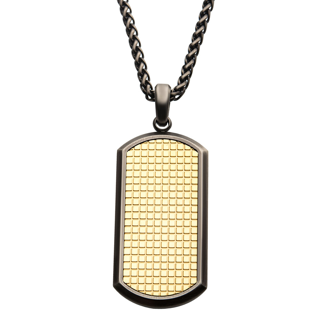 Gun Metal IP with Gold IP Grid Inlay Dog Tag Pendant, with Black IP Wheat Chain