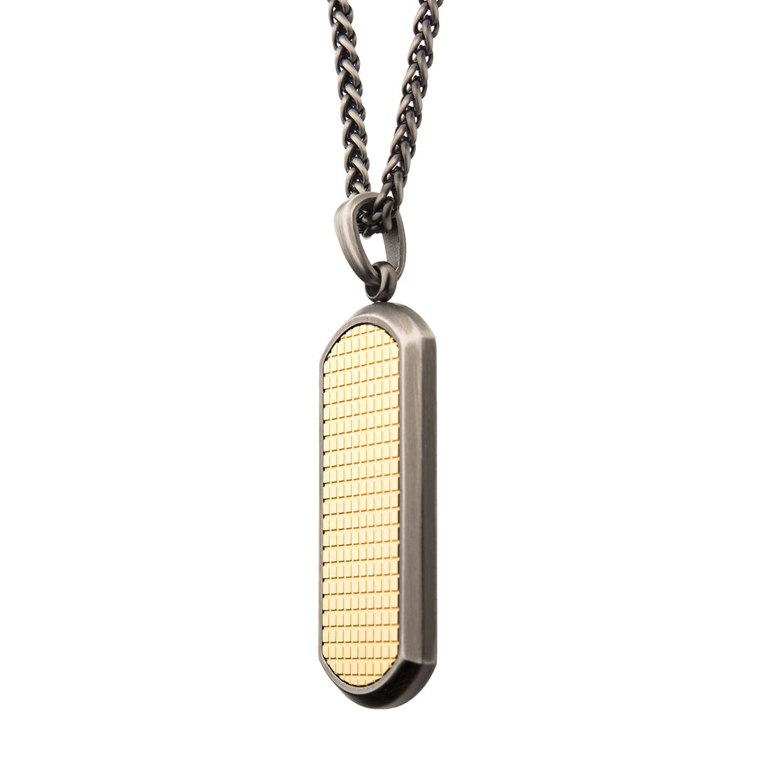 Gun Metal IP with Gold IP Grid Inlay Dog Tag Pendant, with Black IP Wheat Chain