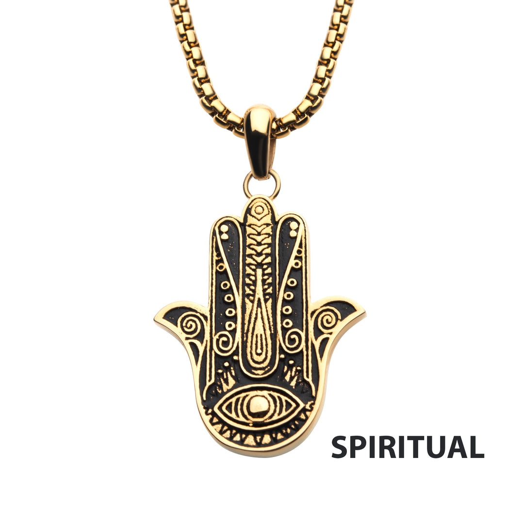 Gold IP with Hamsa Pendant, with Gold IP Bold Box Chain