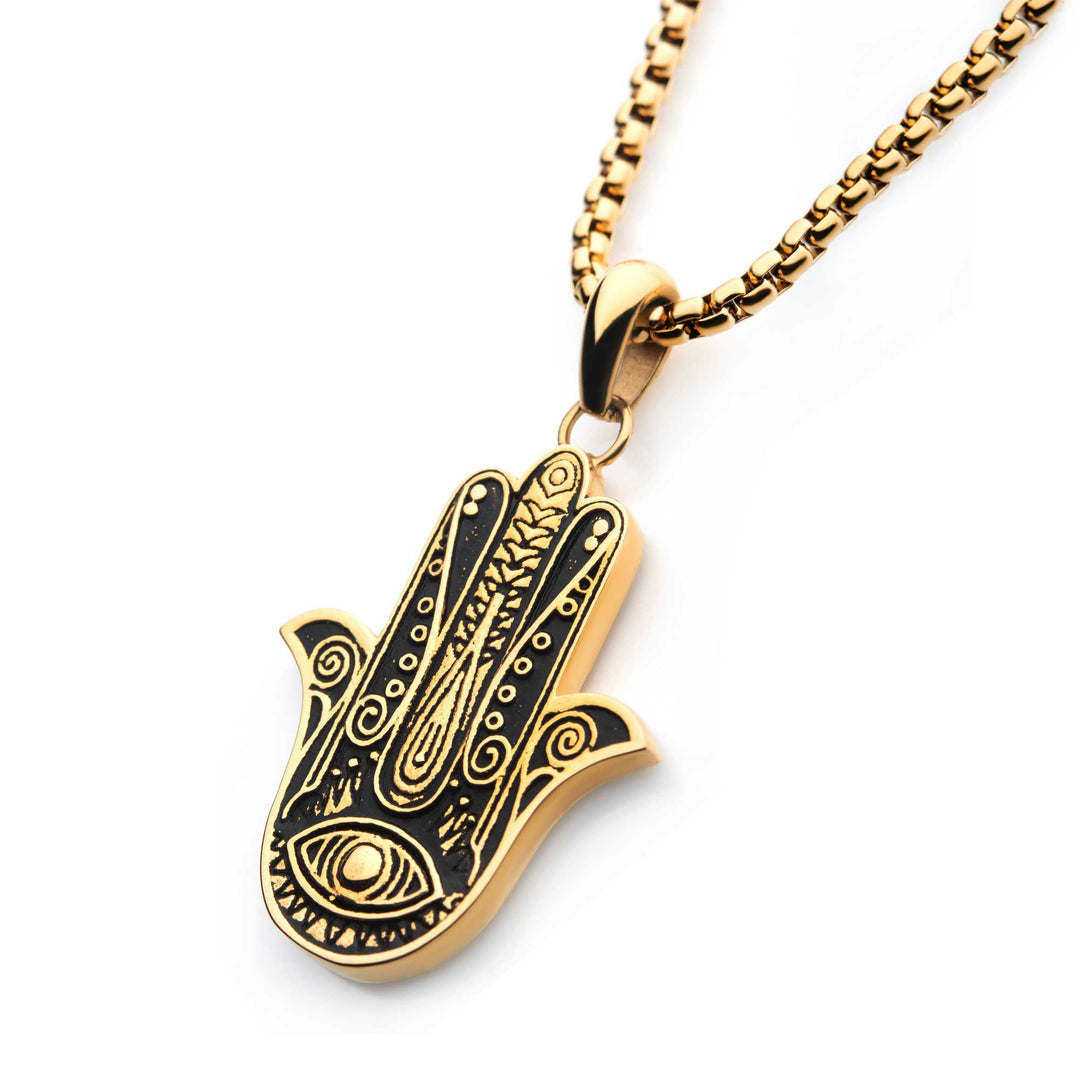 Gold IP with Hamsa Pendant, with Gold IP Bold Box Chain
