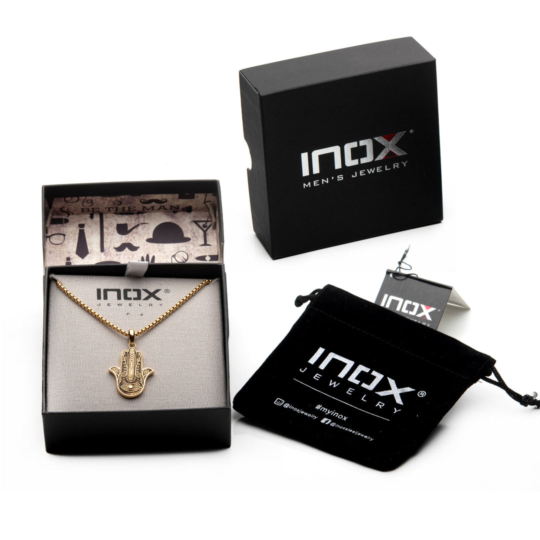 Gold IP with Hamsa Pendant, with Gold IP Bold Box Chain