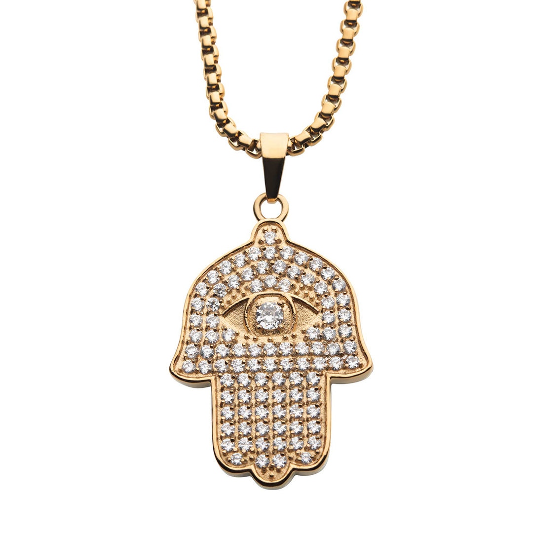 Gold IP with 94pcs CNC Prong Set Clear AAA CZ Hamsa Pendant