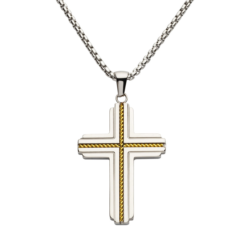 Gold IP Stainless Steel Rope Inlay Two-tone Cross Pendant with Chain