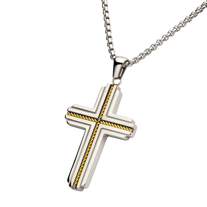 Gold IP Stainless Steel Rope Inlay Two-tone Cross Pendant with Chain