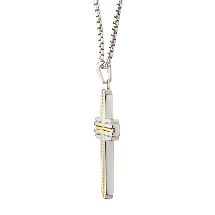 Gold IP Stainless Steel Rope Inlay Two-tone Cross Pendant with Chain