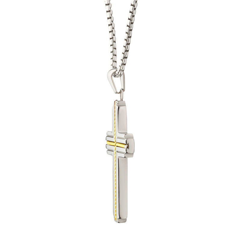Gold IP Stainless Steel Rope Inlay Two-tone Cross Pendant with Chain