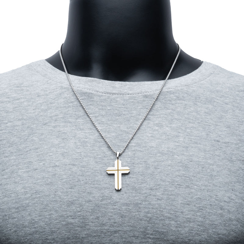 Gold IP Stainless Steel Rope Inlay Two-tone Cross Pendant with Chain