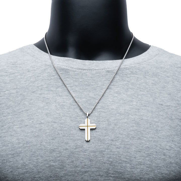 Gold IP Stainless Steel Rope Inlay Two-tone Cross Pendant with Chain