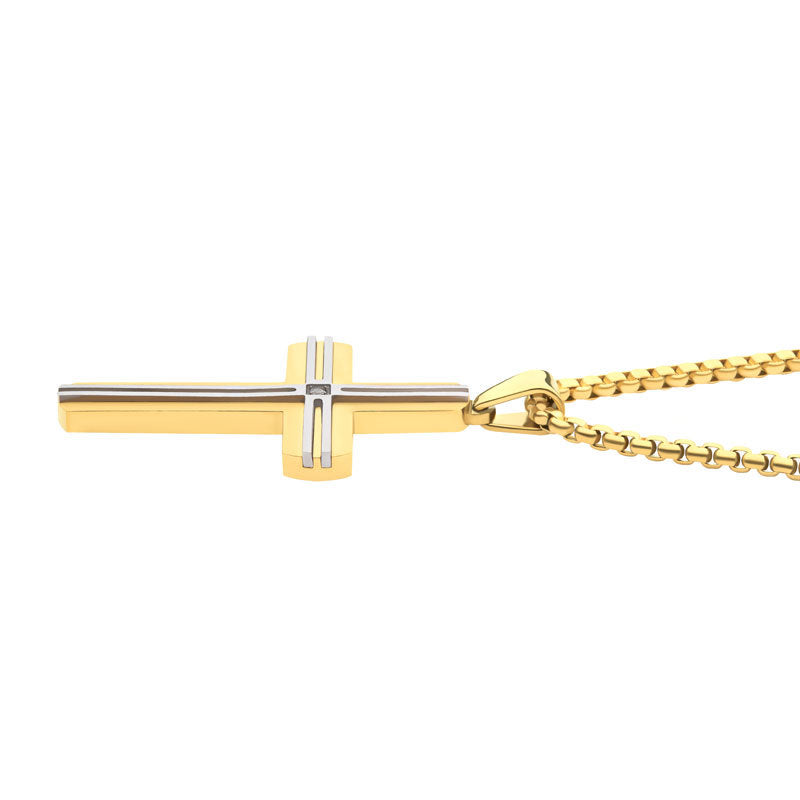 18Kt Gold IP & Thin Steel Line Layered Cross Pendant with Clear CZ