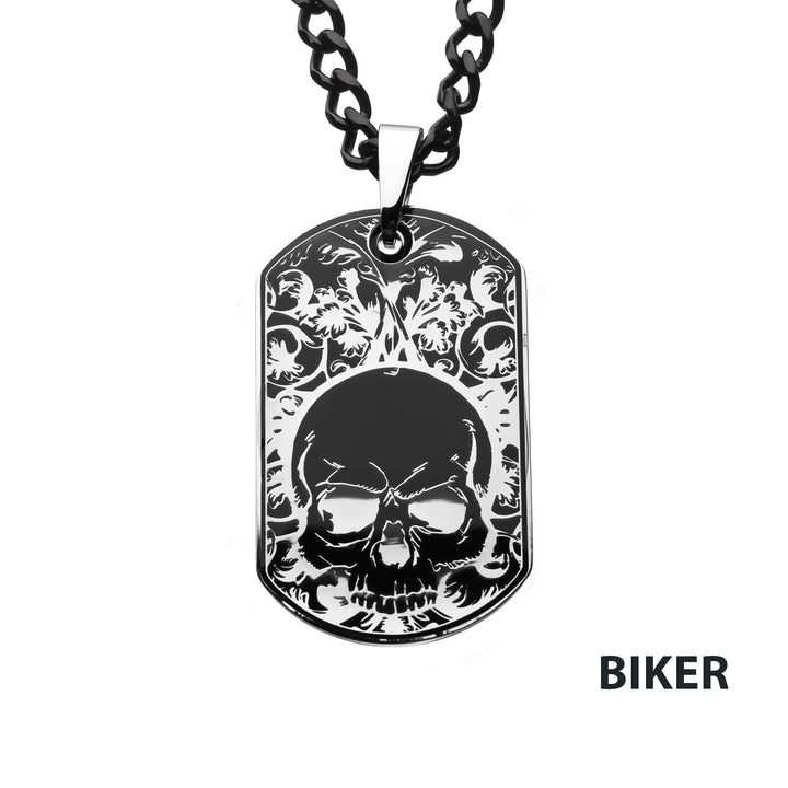 Stainless Steel Black IP with Skull Design Dog Tag Pendant with Chain